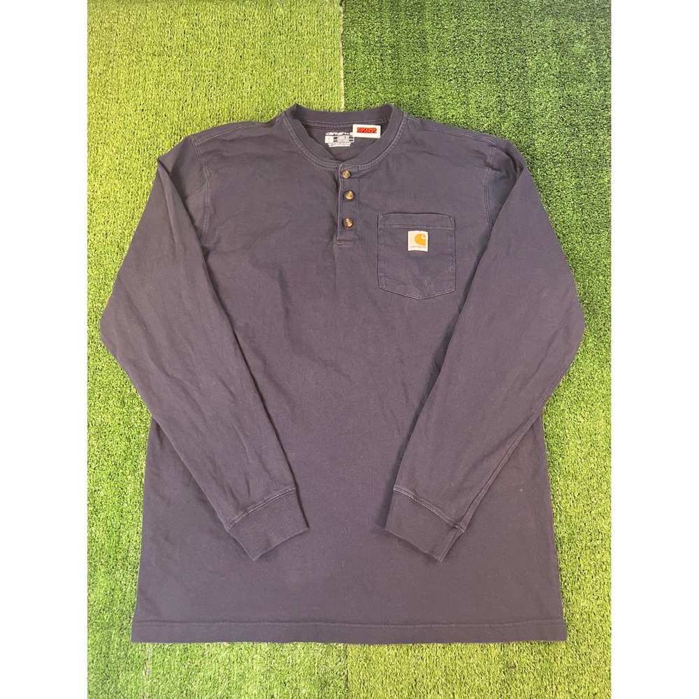 Carhartt Mens Large Tall Navy Blue Loose Fit Long Sleeve Henley Pocket Shirt
